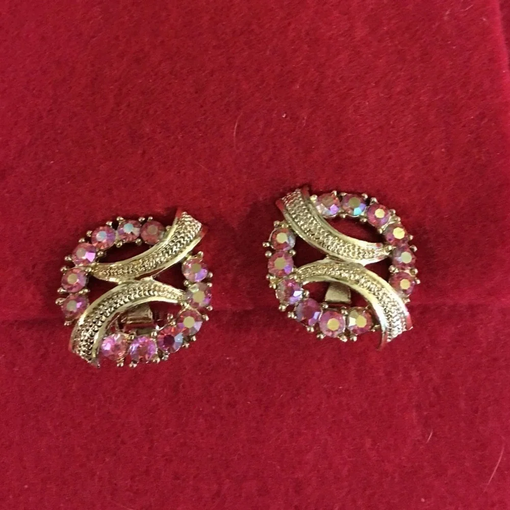 Vintage Pink Aurora Crystal Circle Ribbon Earrings Gold Tone